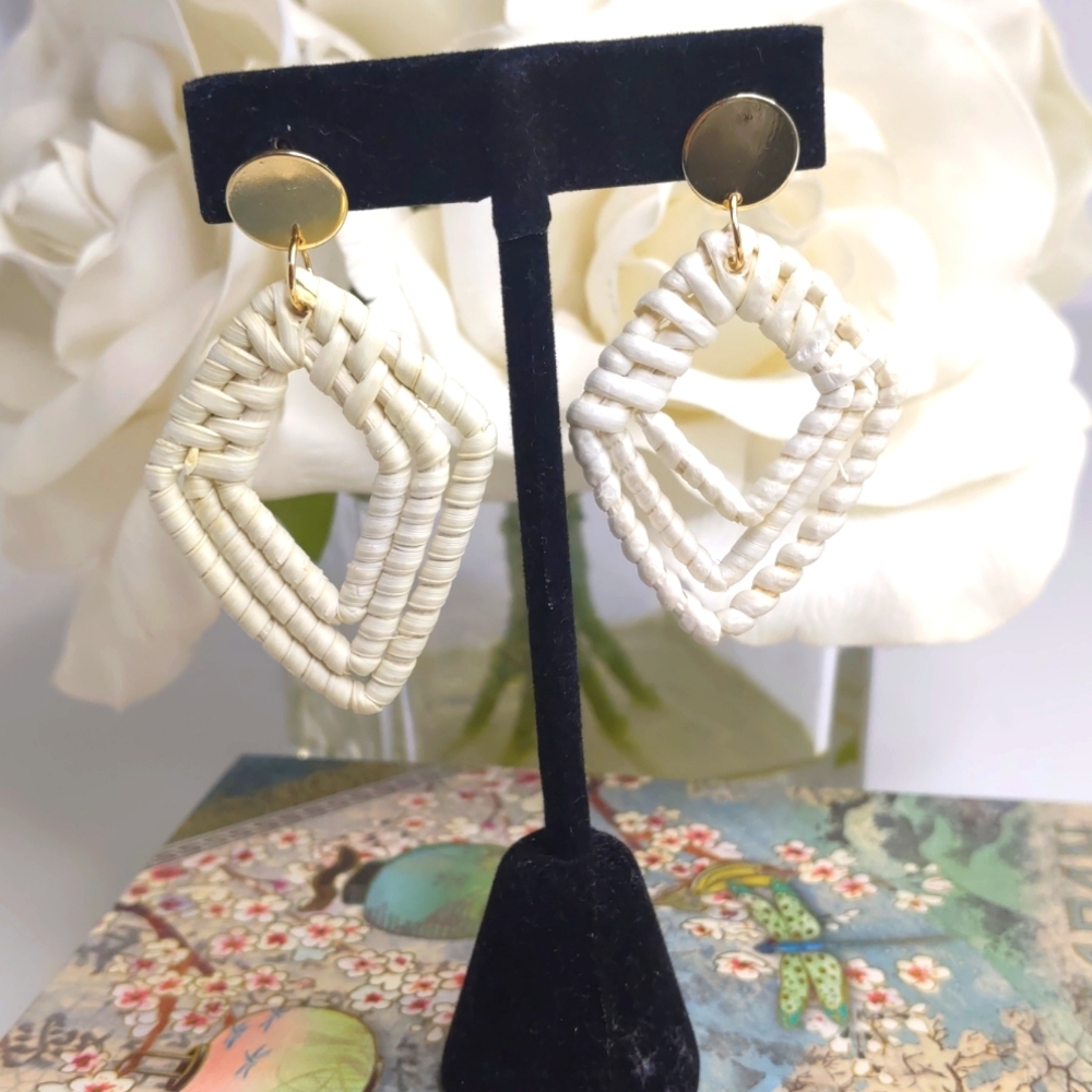 Handmade Boho Diamond Shaped Rattan Drop Earrings - Picture 2 of 6